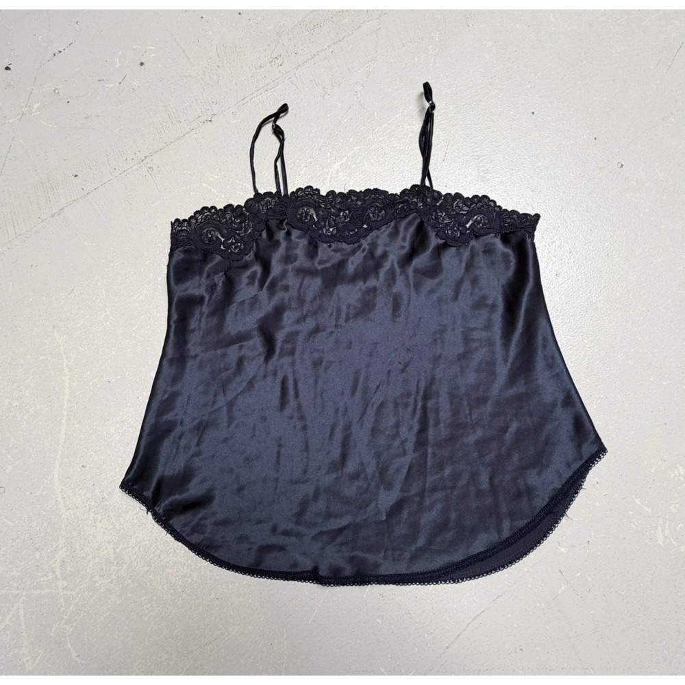Linda Black Satin Lace Trim Camisole Womens Large Y2K Fairy Goth Whimsy Feminine